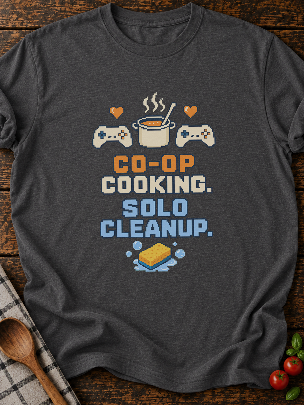 Coop Cooking Solo Cleanup Pixel T-Shirt - Dark Heather