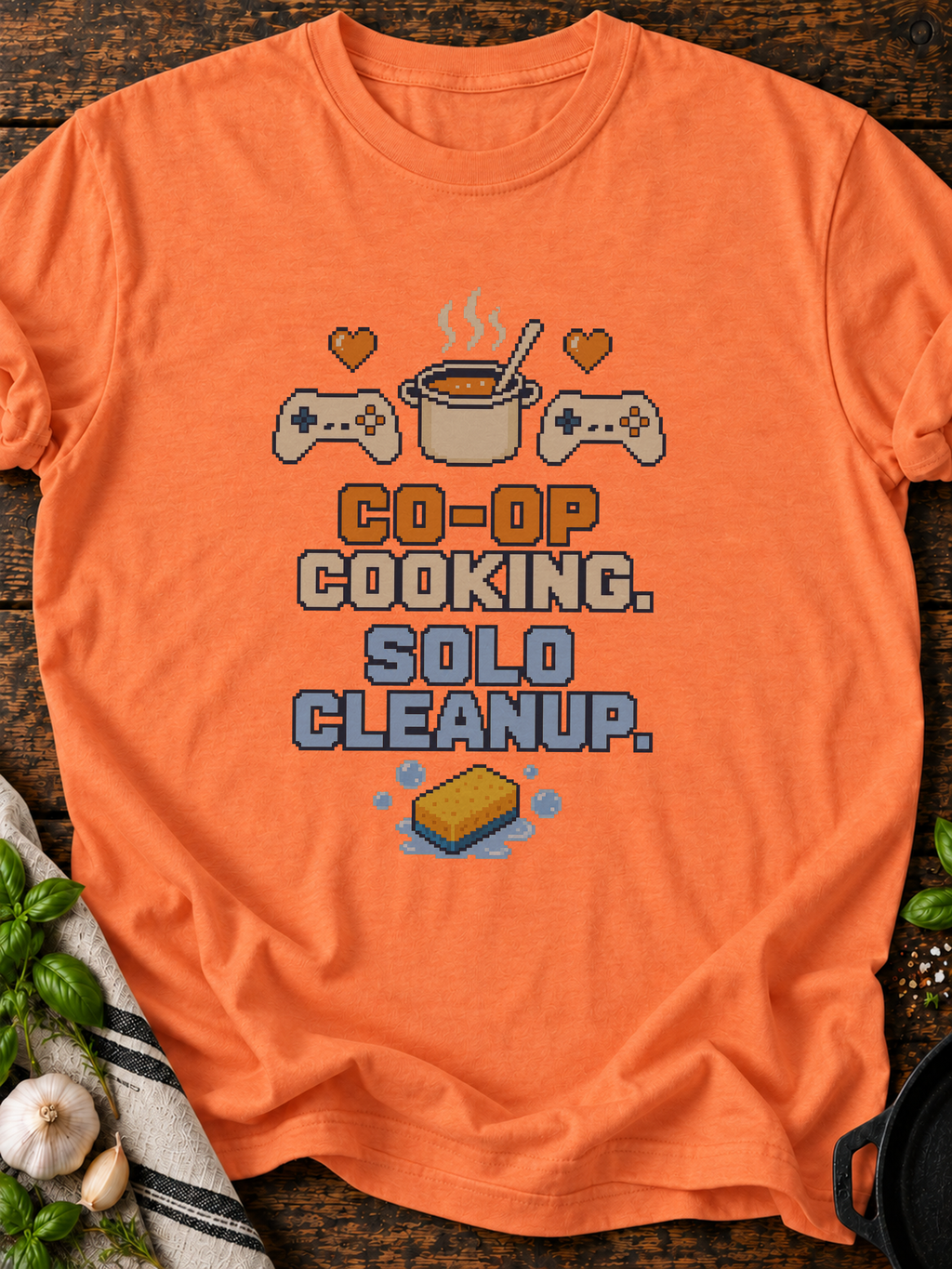 Coop Cooking Solo Cleanup Pixel T-Shirt - Heather Orange