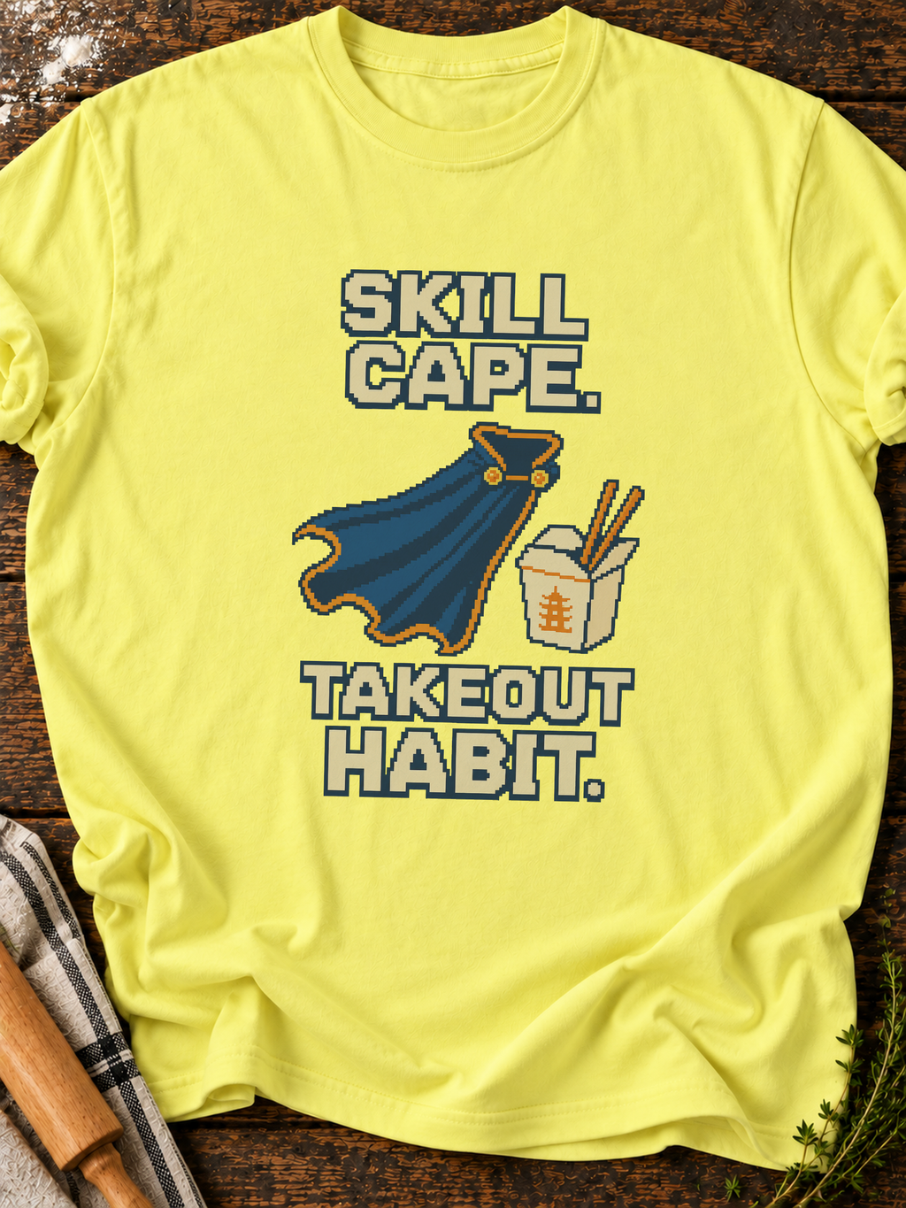 Skill Cape Takeout Habit Pixel T-Shirt - Cornsilk