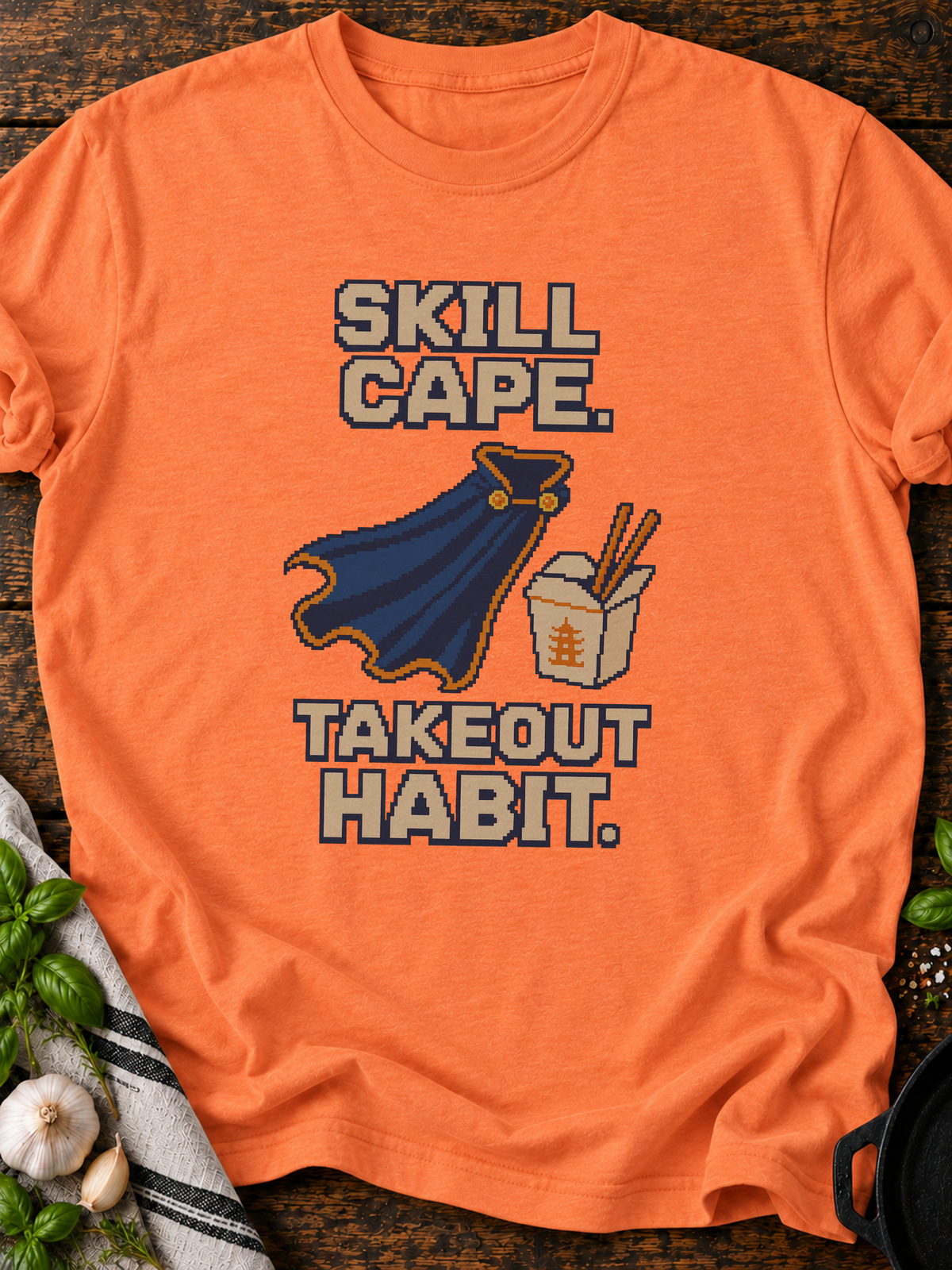 Skill Cape Takeout Habit Pixel T-Shirt - Heather Orange