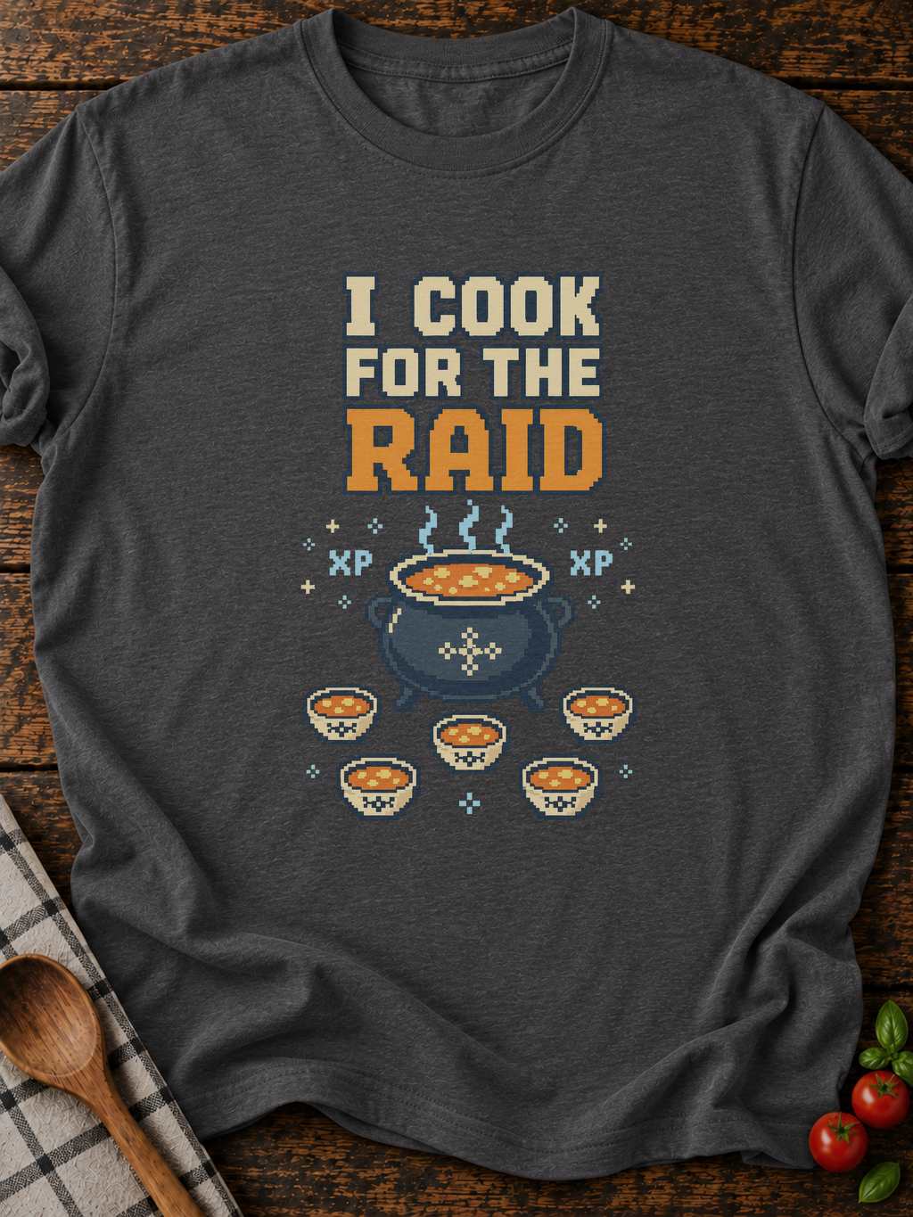 I Cook For The Raid Pixel T-Shirt - Dark Heather