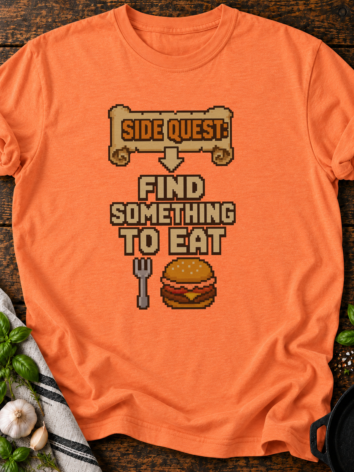 Side Quest Find Food Pixel T-Shirt - Heather Orange
