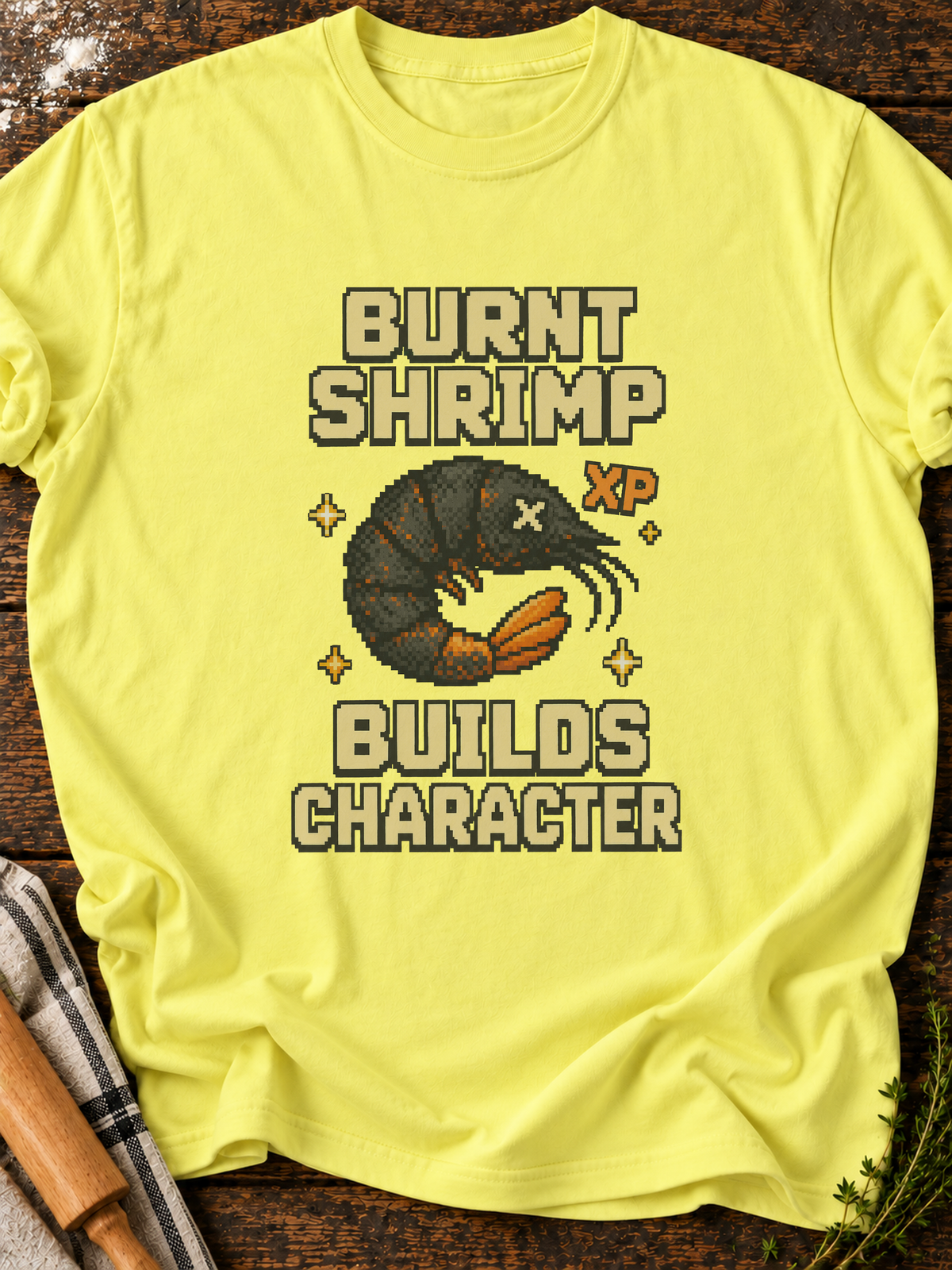 Burnt Shrimp Character Pixel T-Shirt - Cornsilk