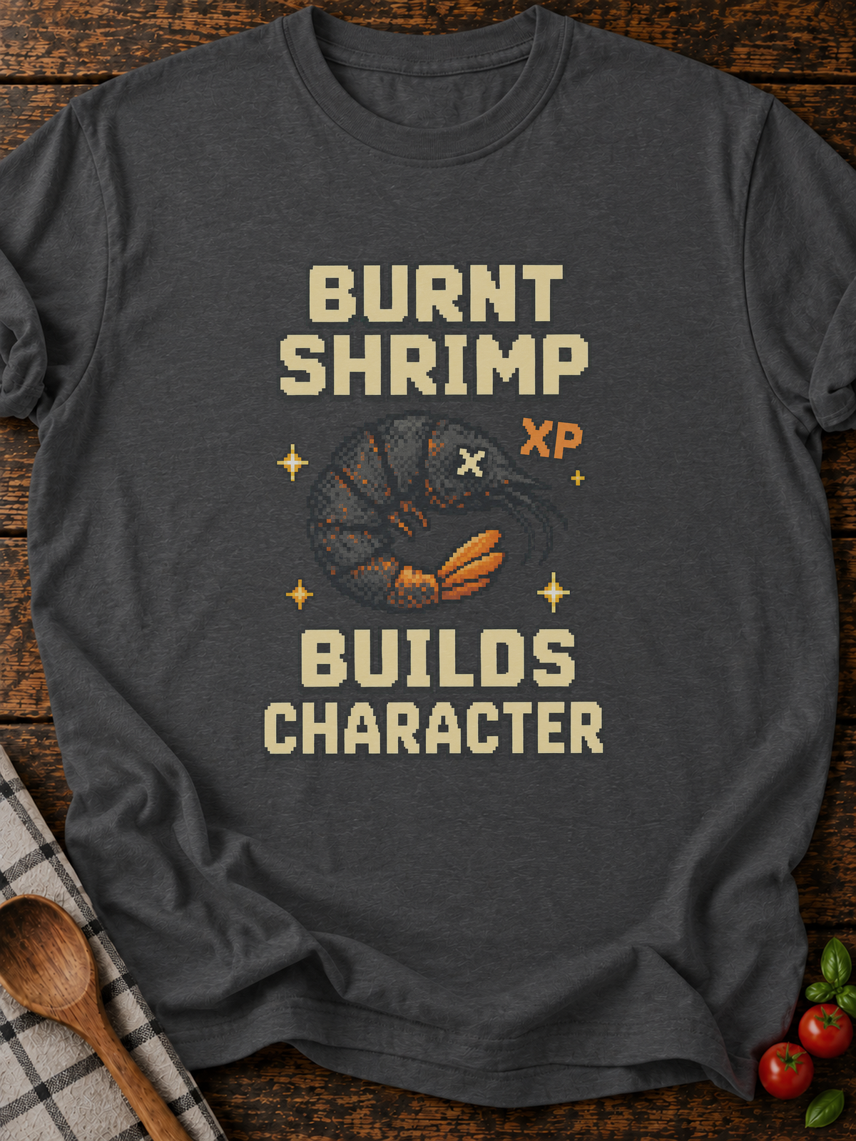 Burnt Shrimp Character Pixel T-Shirt - Dark Heather