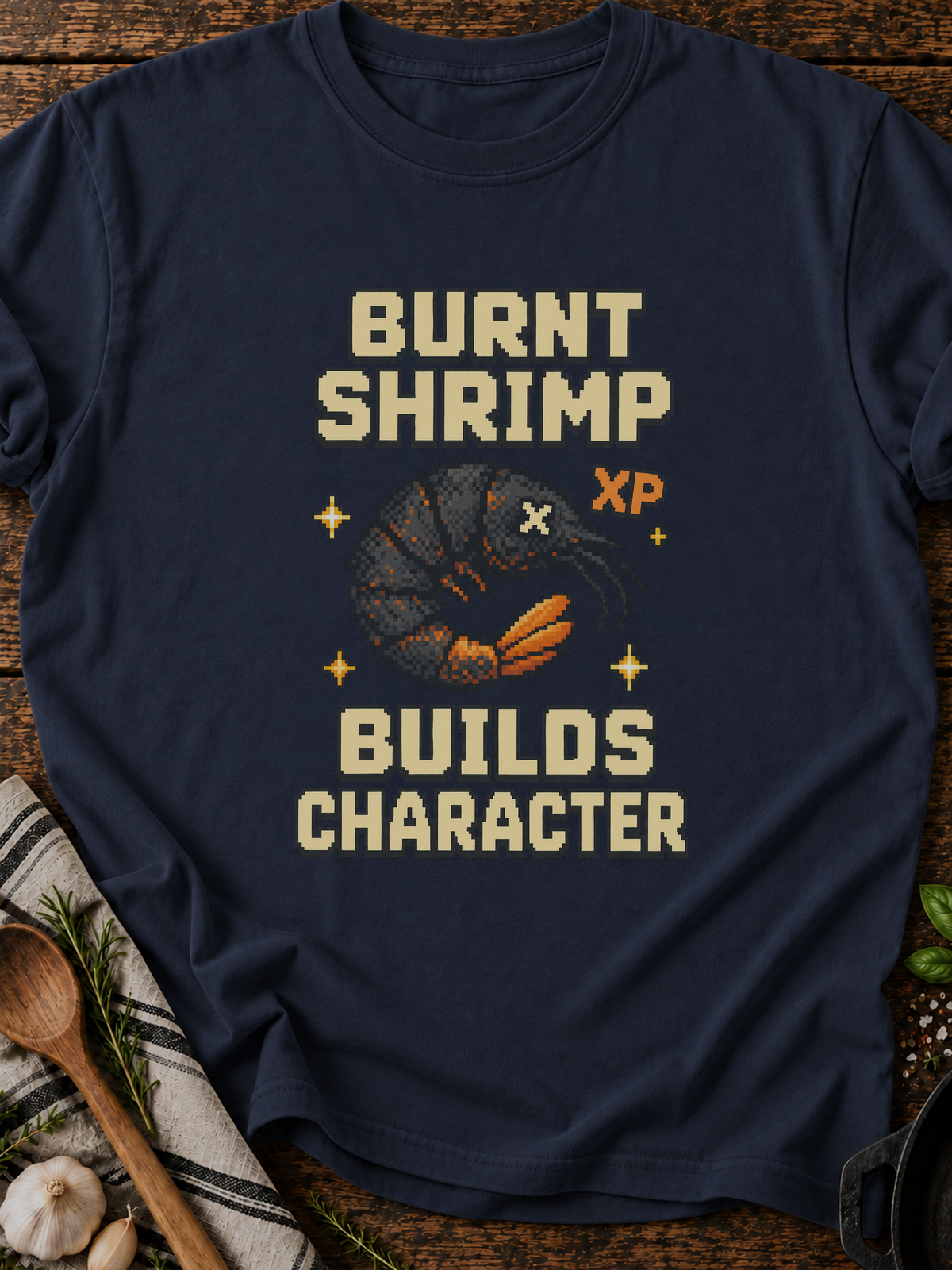 Burnt Shrimp Character Pixel T-Shirt - Navy