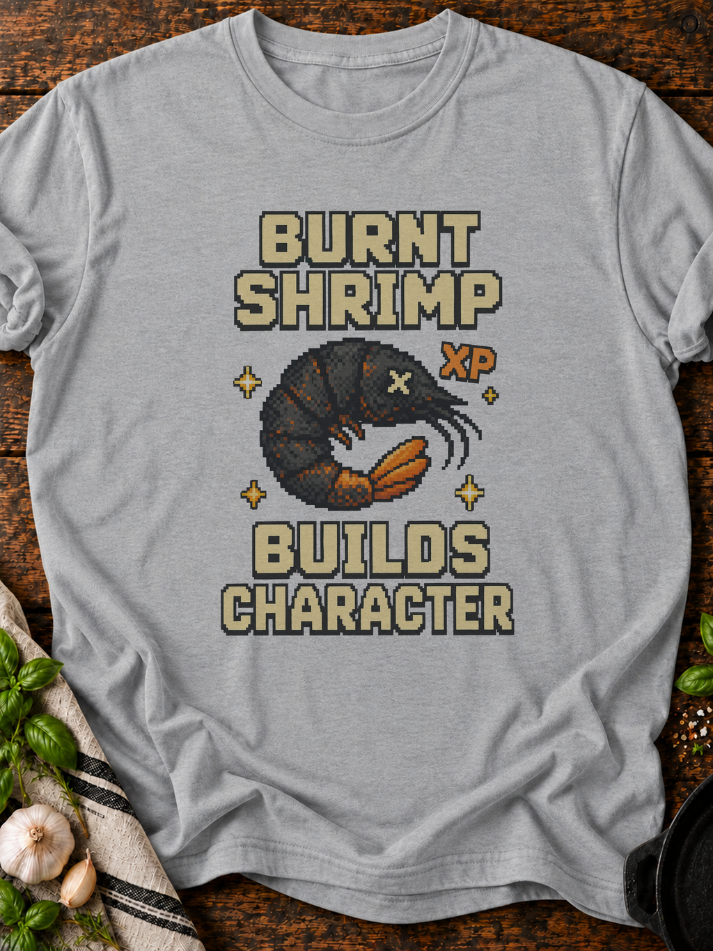 Burnt Shrimp Character Pixel T-Shirt - Sport Grey
