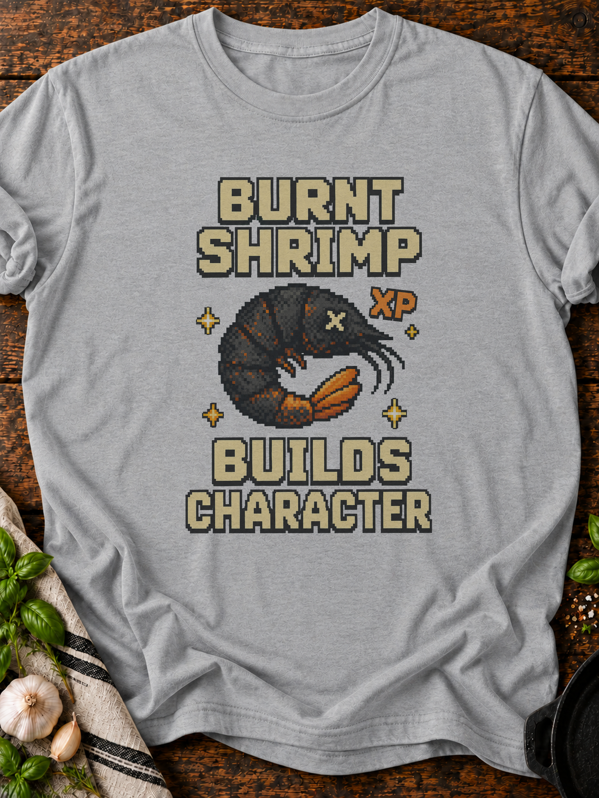 Burnt Shrimp Character Pixel T-Shirt - Sport Grey