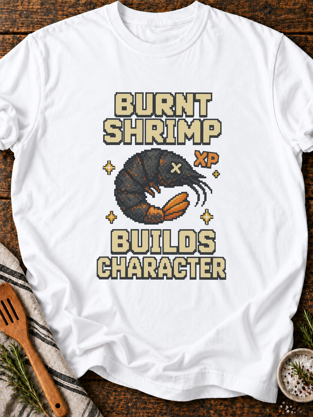 Burnt Shrimp Character Pixel T-Shirt - White