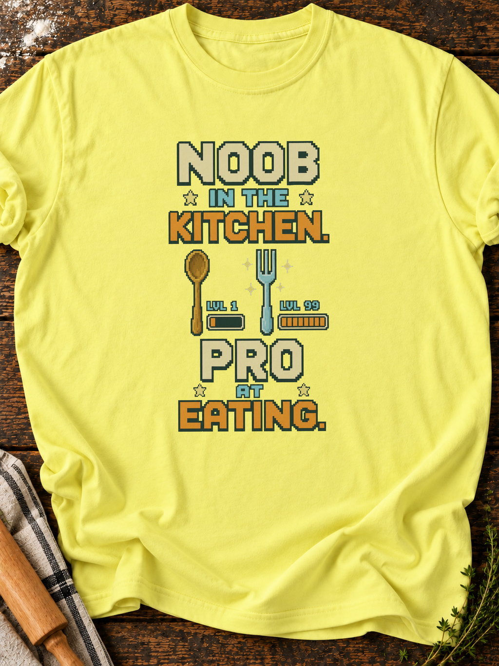 Noob Kitchen Pro Eating Pixel T-Shirt - Cornsilk