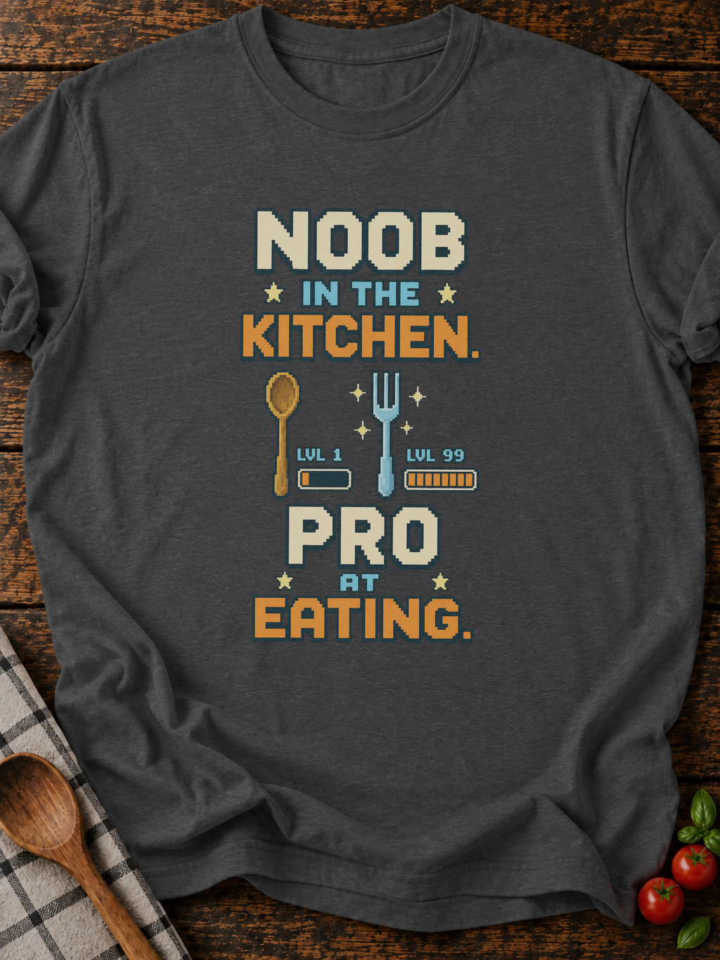 Noob Kitchen Pro Eating Pixel T-Shirt - Dark Heather