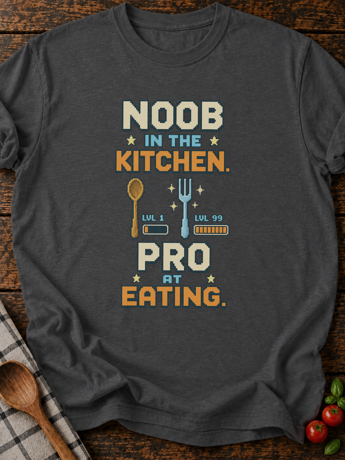 Noob Kitchen Pro Eating Pixel T-Shirt - Dark Heather