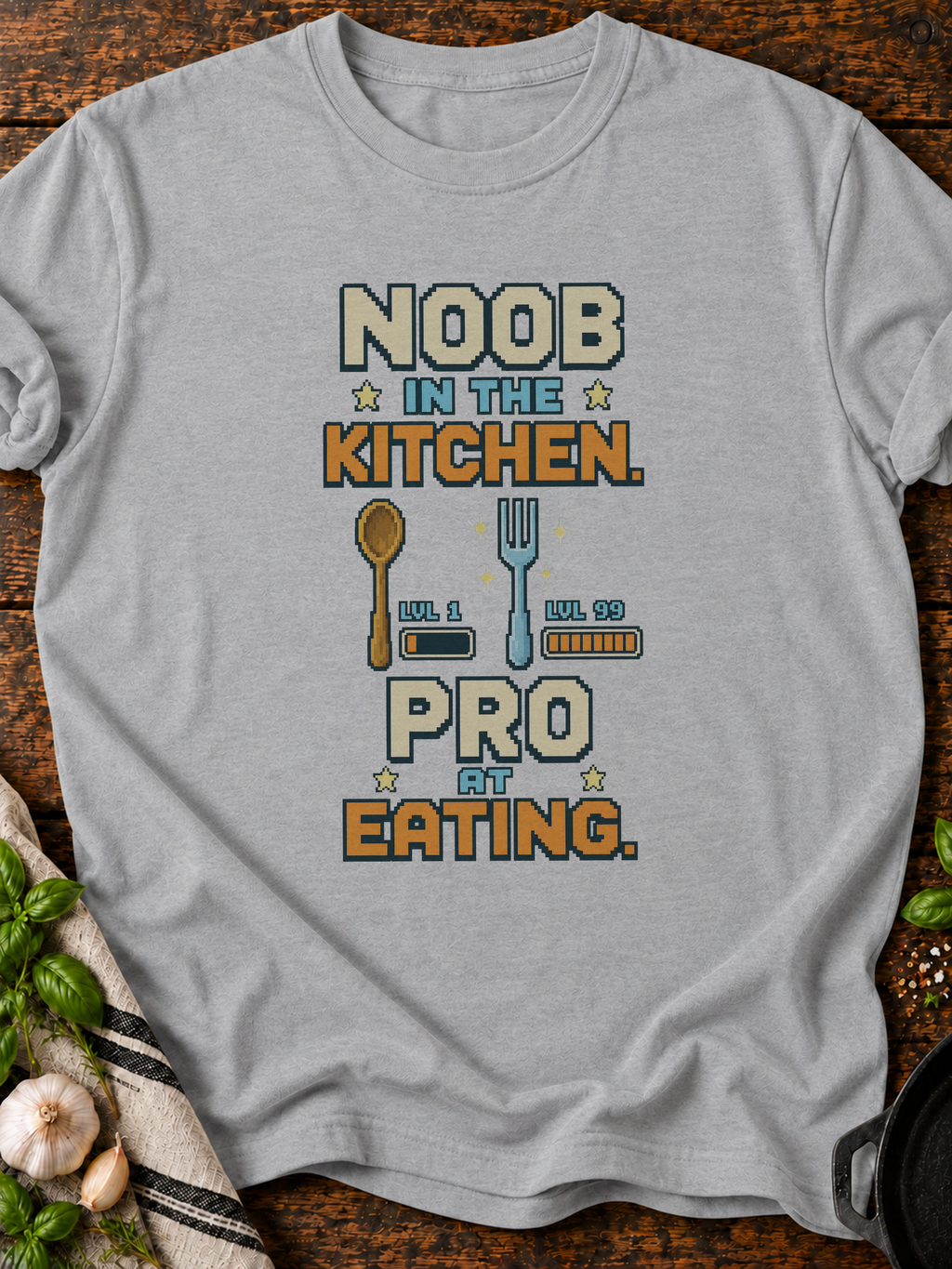 Noob Kitchen Pro Eating Pixel T-Shirt - Sport Grey