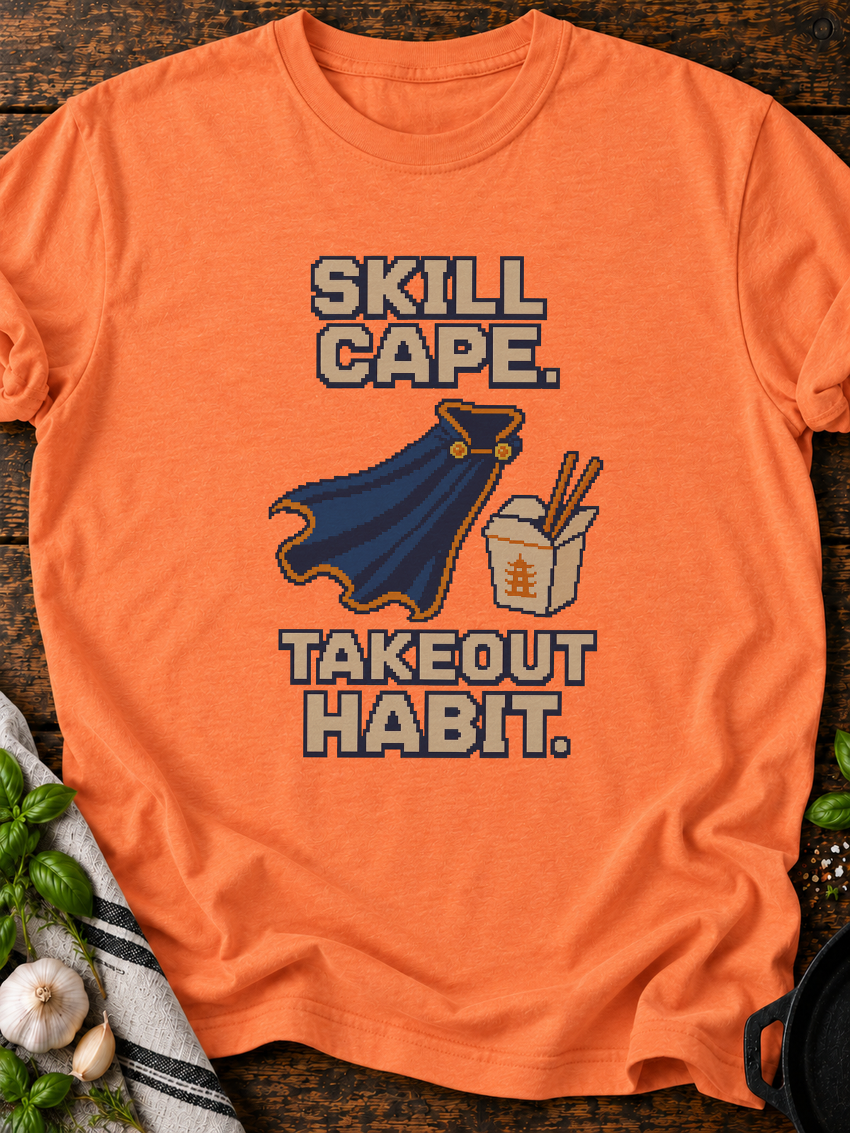 Skill Cape Takeout Habit Pixel T-Shirt - Heather Orange