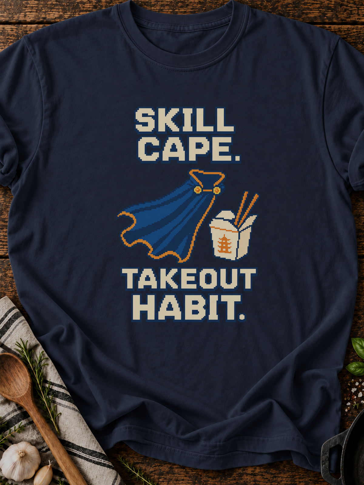 Skill Cape Takeout Habit Pixel T-Shirt - Navy