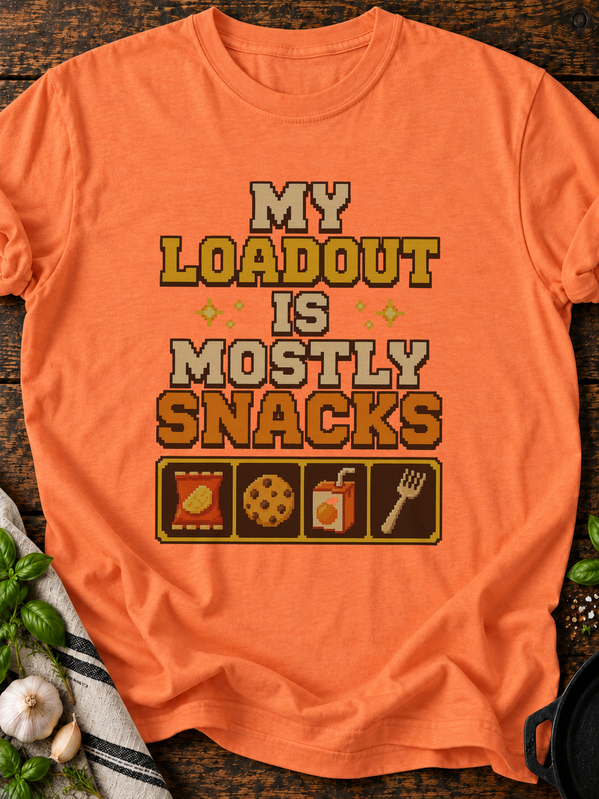Loadout Mostly Snacks Pixel T-Shirt - Heather Orange