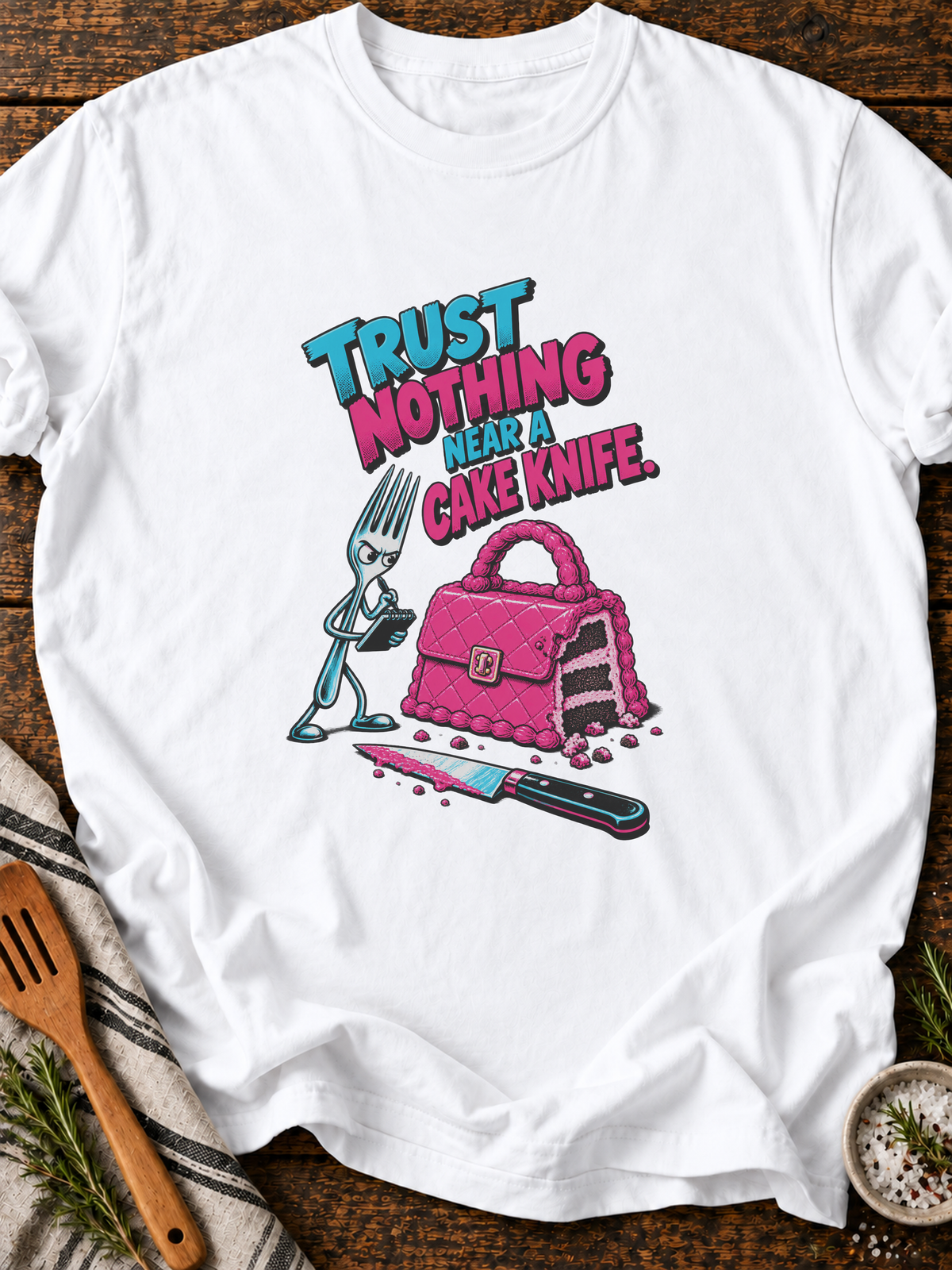 Trust Nothing Near Cake Knife Version B T-Shirt - White